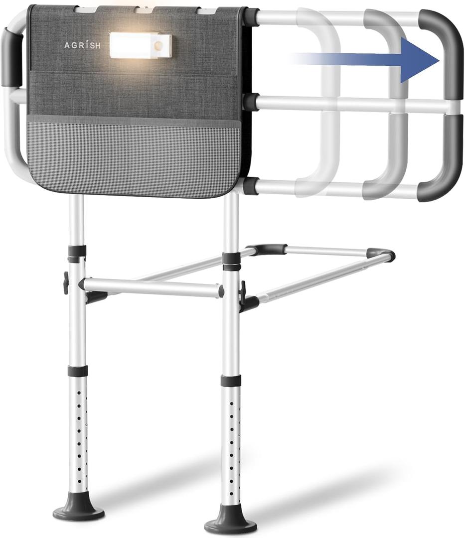 Agrish Bed Rails for Elderly Adults Safety - FSA/HSA Eligible with Extendable Armrest & Motion Light, Adjustable Wide Bed Assist Rail with Storage Pouch, Bed Rails for Queen Bed