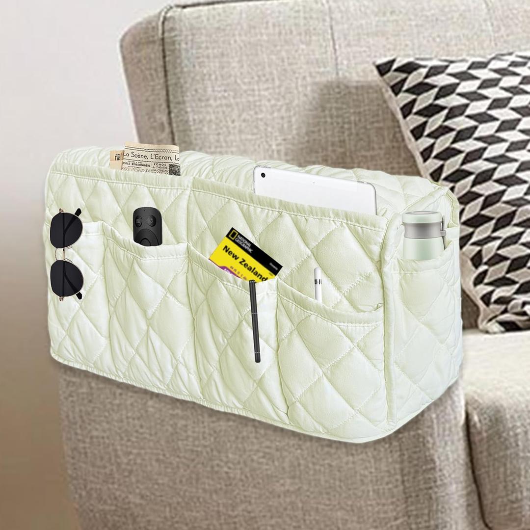 MEHIDFY Armchair Caddy, Waterproof Sofa Armrest Organizer, Non Slip Recliner Organizer, Remote Holder for Recline, Recliner Caddy with 14 Pockets Storage for TV Remote, Phone, Magazine (White)