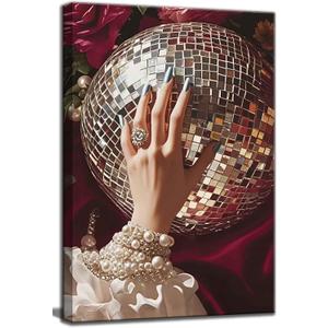 Retro Disco Ball Canvas Wall Art Victorian Funky Woman Fashion Girl Wall Decor Pictures Vintage Hand With Pearl Bracelets painting Posters Prints for Living Room kitchen bathroom Bedroom Decoration (10"L x 8"W)
