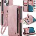 Defencase Compatible with iPhone 15 Plus Case Wallet with RFID Blocking Card Holder for Women Men, PU Leather Magnetic Snap Flip Zipper Strap Wallet Phone Case Fit for iPhone 15 Plus 6.7", Rose Pink