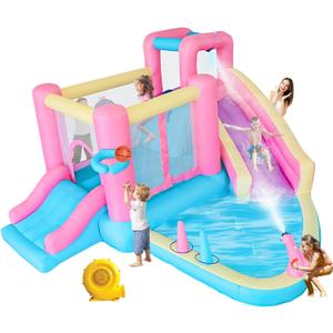 Inflatable Water Slide for Kids, Bounce House with Slide, Pool, Water Cannon, Climbing Wall, Blower Included, Outdoor Summer Fun for Kids, 141x138x78 Inches, Pink