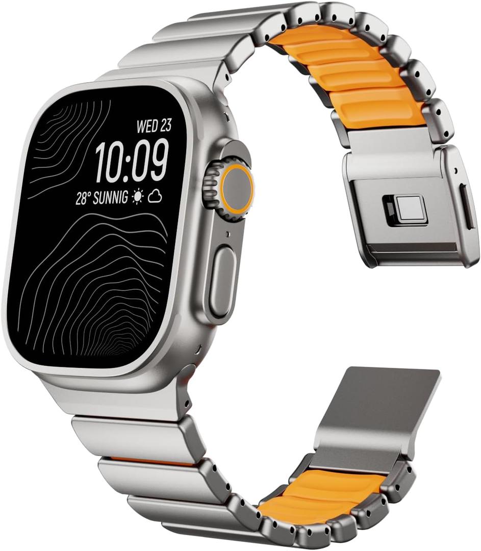Magnetic Titanium Band Silicone Inner Lining for Apple Watch Ultra 3/2/1 49mm & iWatch Series 11/10/9/8/7/6/5/4 46mm 45mm 44mm, 24mm Wide Lightweight Dual-Layer Titanium Link Strap for Men