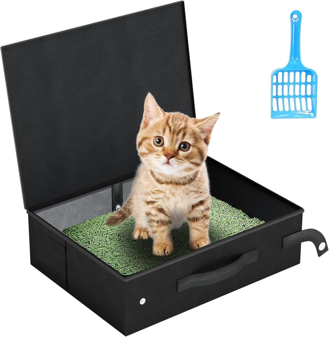 Portable Travel Cat Litter Box for Cats with Lid,Leak-Proof Waterproof Foldable Kitty Litter Box, for Cat Travel Essentials, Hotel, Airplane and Other Outdoor Use(Black)