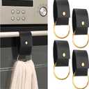 Hoolerry 4 PCS Leather & Metal Towel Ring Holder for Kitchen Dish Towels Holder with Loop Oven Door Hanger Gifts for Farmhouse Home Decor(Black)
