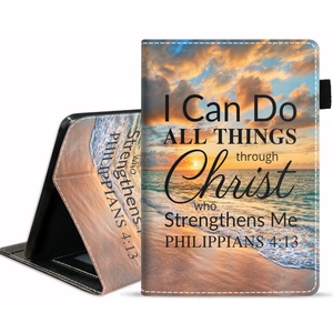 Case for Amazon Fire HD 10 Tablet 10.1 inch (9th/7th Generation, 2019/2017 Release), Premium PU Leather Cover with Card Slot & Pencil Holder, Pink Background Bible Verse Phil 4-13