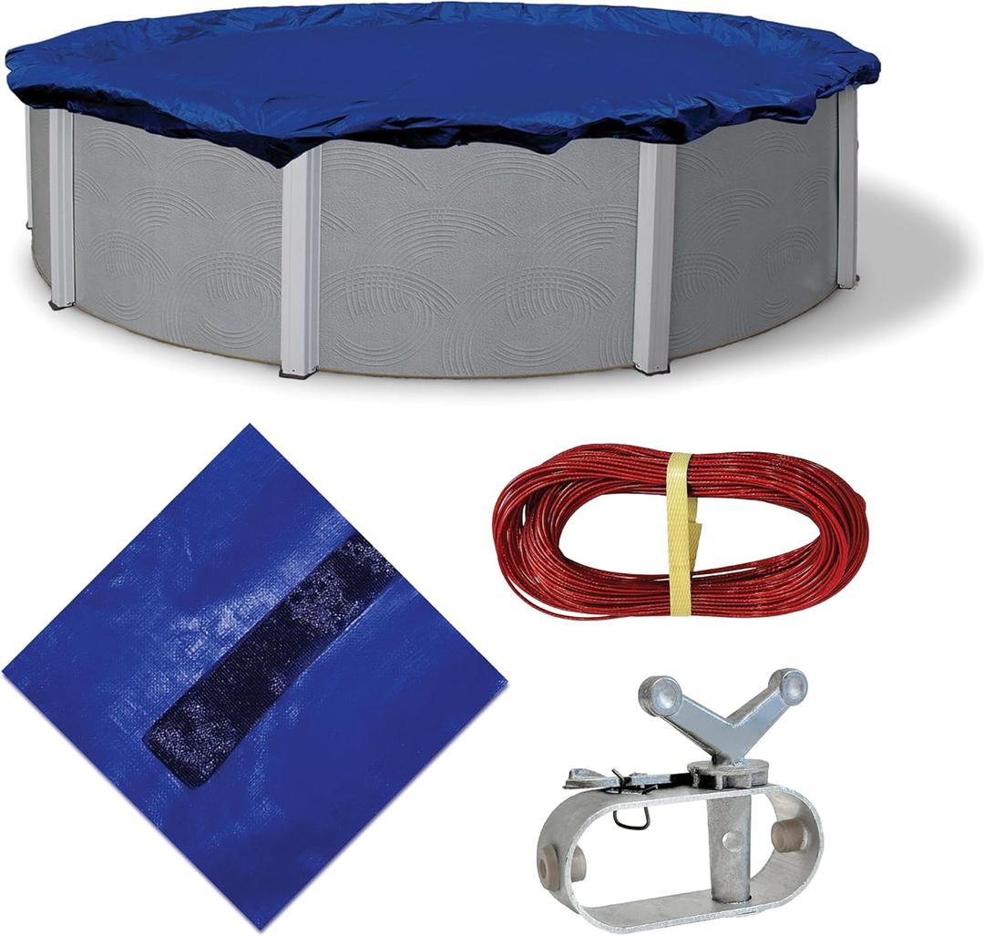 Blue Wave Gold 15-Year 28 ft Round Above Ground Pool Cover for Winter Durable & Weather-Resistant Polyethylene 4 ft Overlap, Black Underside, Reinforced Grommets, Winch, Cable Royal Blue