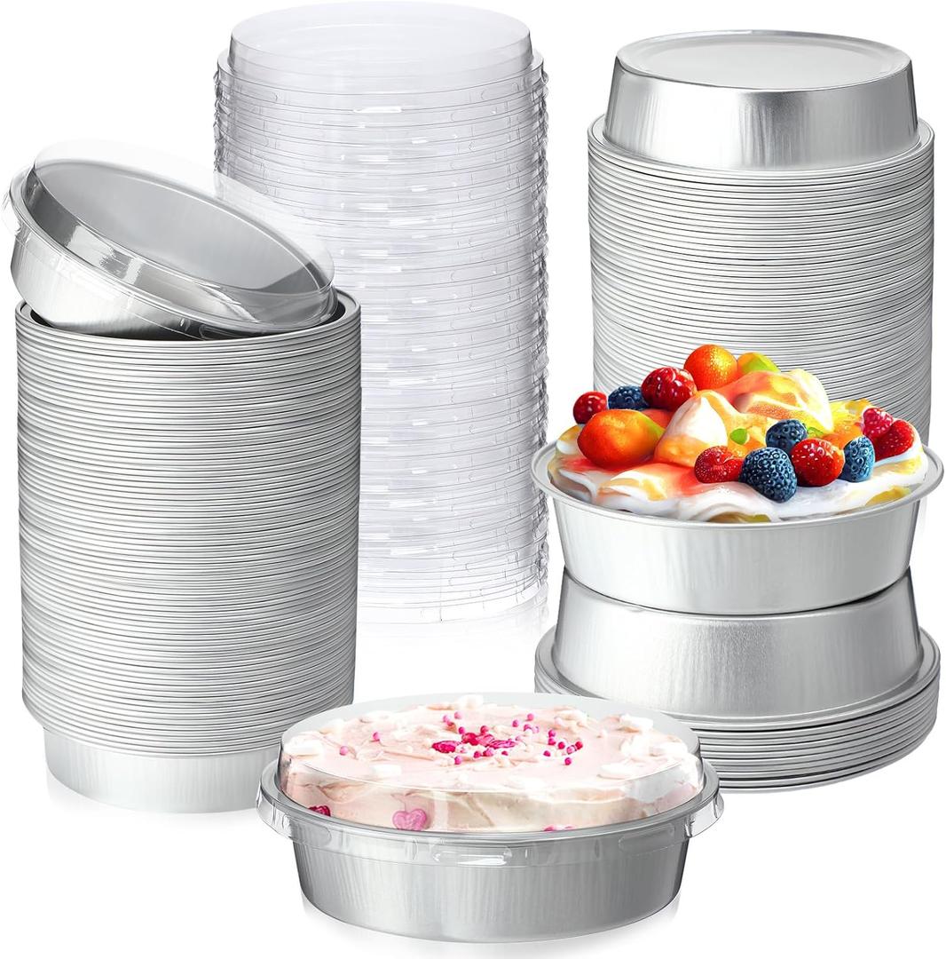 Yinder 120 Pcs 8 oz Disposable Mini Pie Tins with Lids Aluminum Ramekins Foil Pie Pans Egg Tart Cake Baking Pans Individual Round Containers Heat Resistant Oven Safe for Party, Gift(Silver)