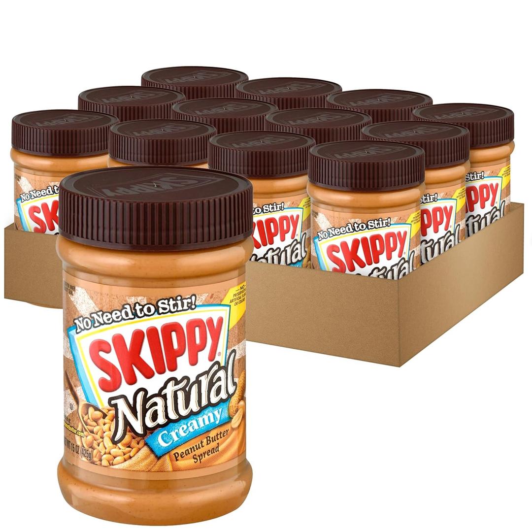 SKIPPY Natural Peanut Butter Spread, Creamy, 7 g protein per serving, 15 oz. (12 Pack)