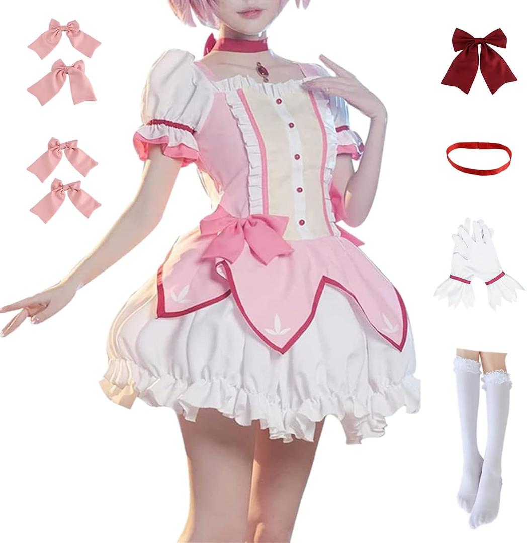 COLSA Women Girls Pink Dress Cosplay Costume Anime Uniform Skirt Halloween Outfits with Gloves Socks (Pink, M)