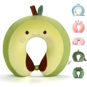 Niuniu Daddy Neck Pillow for Kids Teen Toddlers, Travel Accessories for Airplane, Car, Recline, Neck Chin Head Support, 100% Pure Memory Foam Insert, Cute Plush Travel Pillow Cover Washable - Avocado