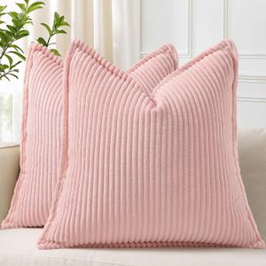 DecorUhome Spring Valentines Corduroy Pink Throw Pillow Covers 20x20 Set Of 2 Decorative Soft Boho Farmhouse Couch Pillow Covers for Living Room Bed Sofa Broadside Striped Pillow Cases