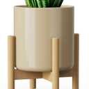 8 Inch Ceramic Planter with Wood Stand, Mid-Century Modern Minimalist Design Plant Pot with Drainage & Luxurious Stand for Indoor Home Decor (Khaki)