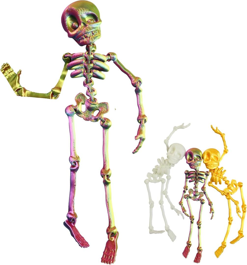 2 x 3D Printed Poseable Skeleton Fridge Magnets, Magnetic Skeleton for Refrigerator, Mini Skull Fridge Magnet with Movable Joints, Funny Vintage Gothic Figurine for Kitchen Locker Whiteboard (Iridescent)