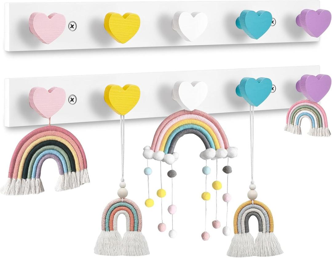 Maitys 2 Pcs Kids Coat Rack Wall Mount Kids Wall Hooks Rainbow Coat Rack Hooks for Boys Girls Toddler Cute Bathroom Decor Colorful Backpack Hanger Supplies for Clothes Hat Towel in Bedroom(Heart)