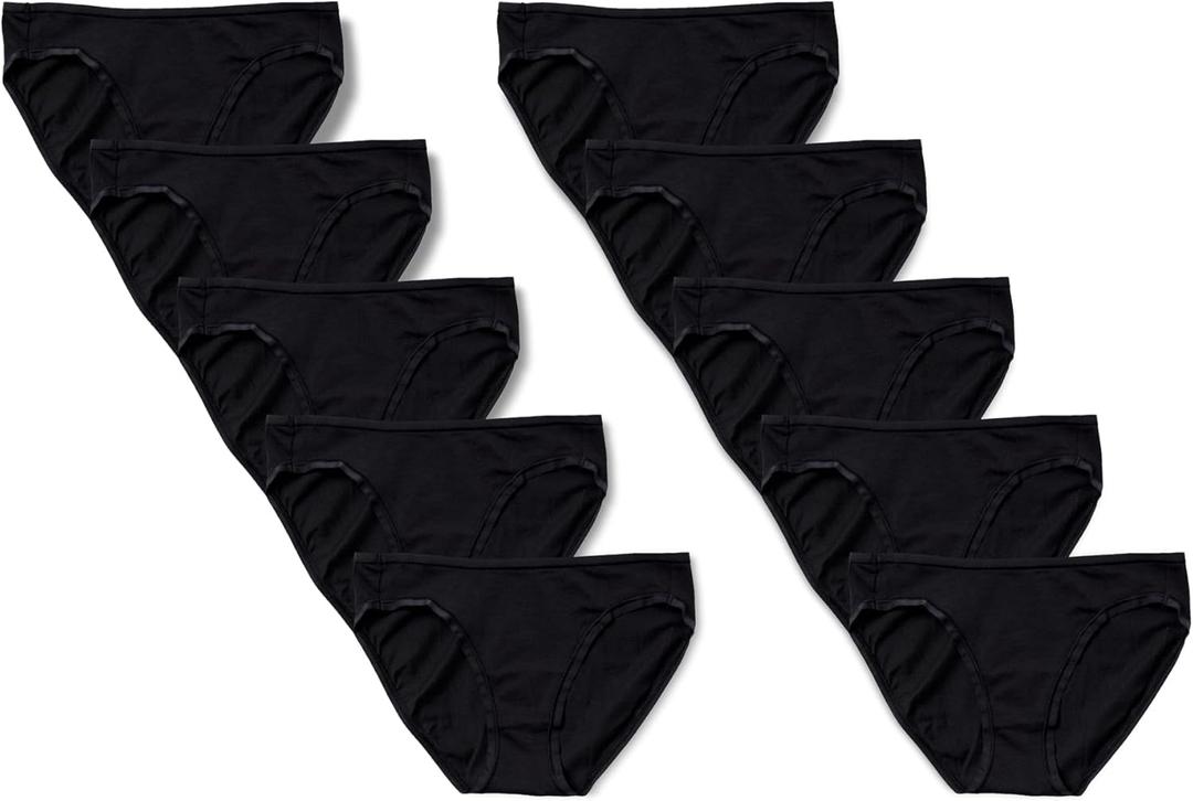 Amazon Essentials Women's Breathable Cotton Bikini Brief Underwear with Full Coverage, 10 packs (Medium, Black)