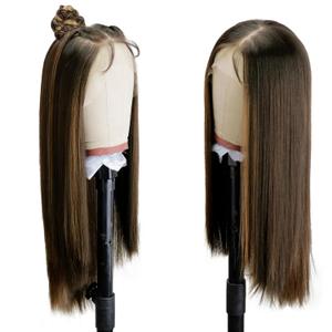 13x4 Synthetic Lace Front Wig for Women Ombre Brown with Highlight Long Straight Lace Wig Pre-Plucked Lace Wigs with Baby Hair 26inch Wigs for Beginner Friendly