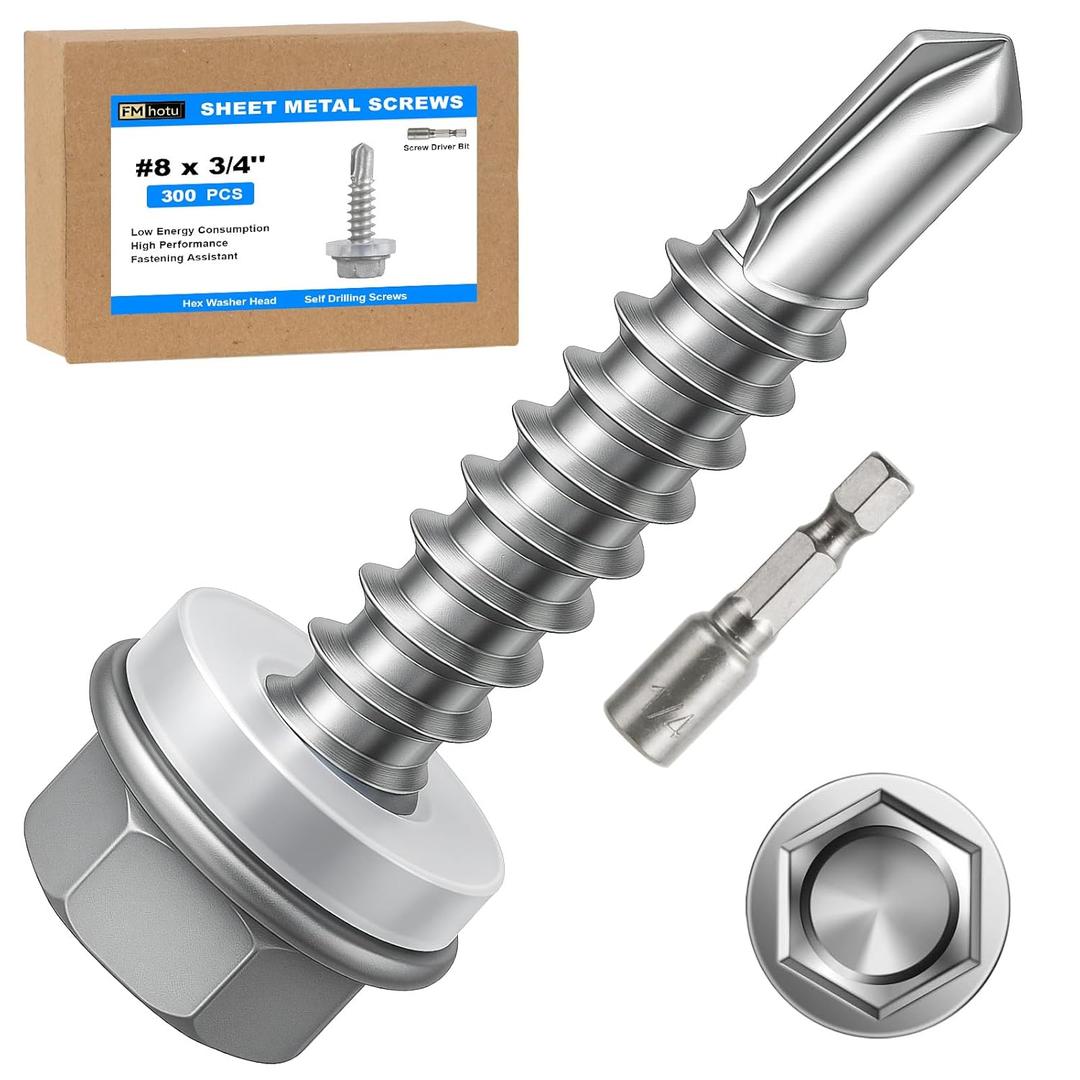 300Pcs Self Tapping Screws, Sheet Metal Screws #8x3/4, Self Drilling Screws for Metal with Hex Washer Head