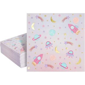 BLUE PANDA 50 Pack Galaxy Space Napkins for Girls Outer Space Birthday Party Supplies (Pink, 5 In)