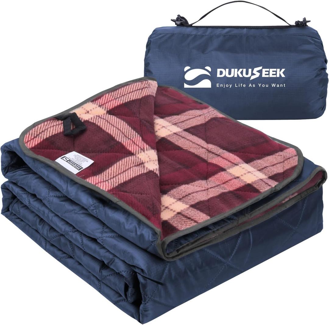 DUKUSEEK Large Waterproof Camping Blanket, Cold Weather Warm Fleece Blankets Windproof Triple Layers for Stadium,Camping, Concerts, Car, Dog (Navy-Blue-Red With Thickened Fleece)