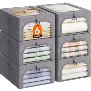 Lifewit Clothes Storage Bins with Metal Frame 6 Pack, Fabric Stackable Storage Bags with Lids, Zipper, Foldable Clost Organizers Containers for Clothing, Blanket, Winter Cloth, 25L