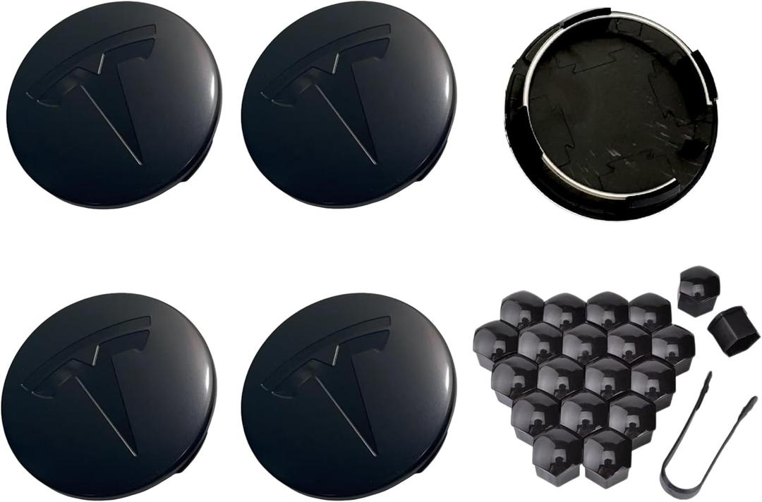 4PCS Car Wheel Center Hub Cap Kit, Hubcaps Accessories for Tesla Model 3 Model Y,56mm Hubcaps Wheel Rim Cover Tesla Center Hub Caps + Lug Nut Covers (Matte Black+Glossy Black Logo)