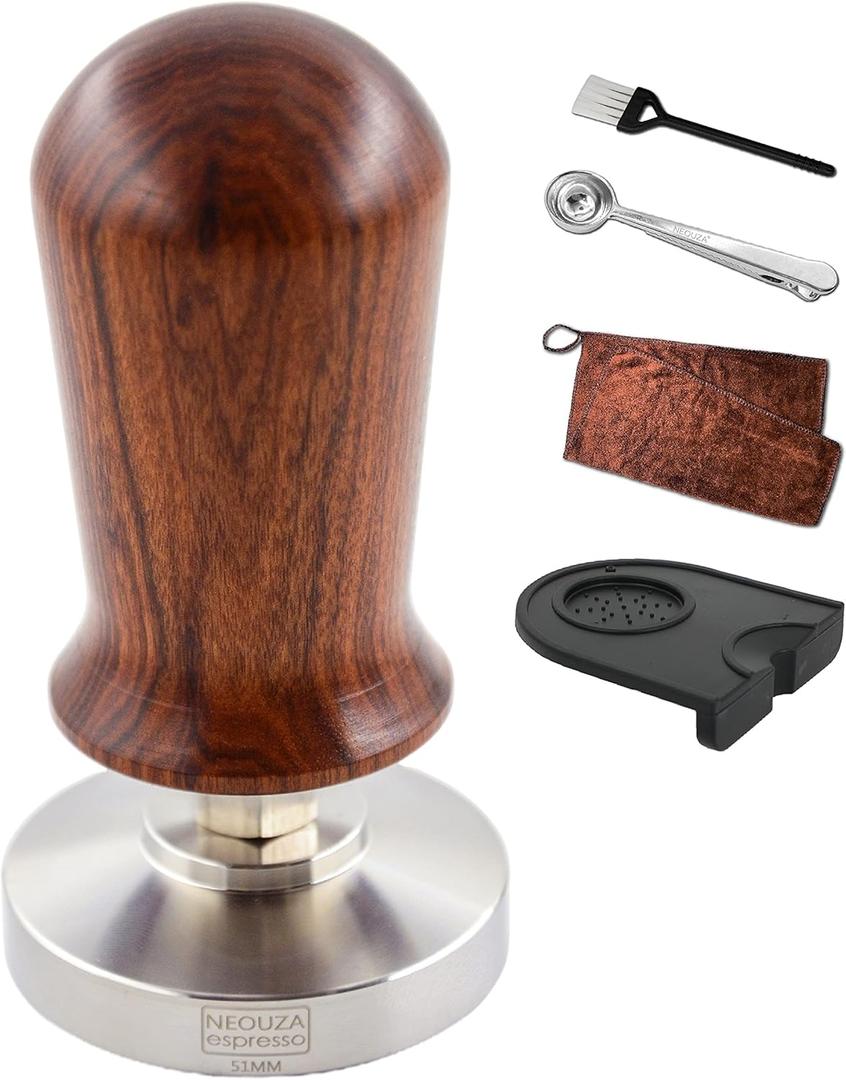 NEOUZA 51mm Calibrated Espresso Tamper,Coffee Tamper with Wooden Handle and Spring Loaded Flat,Stainless Steel Base (51mm)