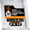8' x 12' Clear Vinyl Tarp - 30 Mil Super Heavy Duty Transparent Waterproof PVC Tarpaulin with Brass Grommets - for Patio Enclosure, Temporary Wall, Camping, Tent Cover, Canopy - by Xpose Safety (8 Feet x 12 Feet)