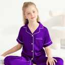 Veseacky Girls Silk Pajamas Short Sleeve Pjs for Kids Satin Two Piece Lounge Sets Sleepwear with Long Pants (Purple,12y) (Purple)