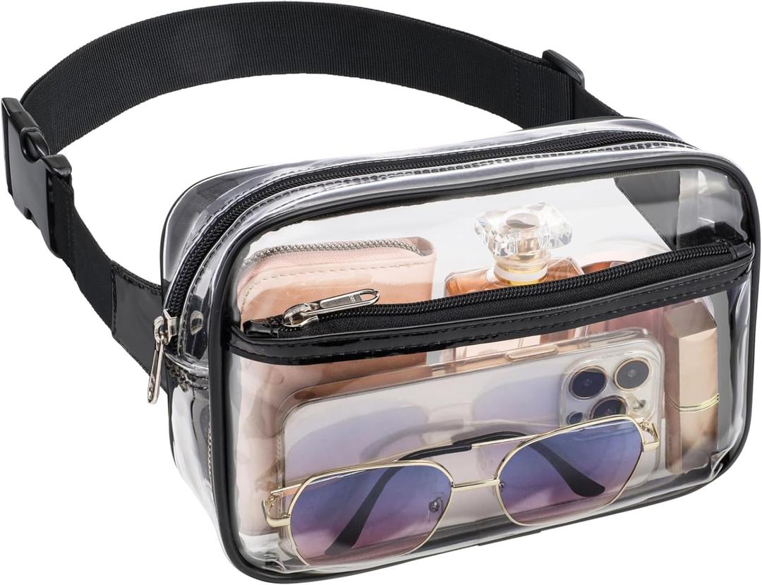 Veckle Clear Belt Bag - Clear Fanny Pack Stadium Approved for Women Large Transparent Waist Bag for Sports Events, Concerts, Festivals, Black
