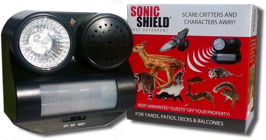 Bird B Gone Sonic Shield - Motion Activated Sonic Animal Repellent with Sound & Light - Outdoor Pest Deterrent for Birds, Squirrels, Cats, Dogs & Raccoons - Portable Yard, Patio & Garden Protection