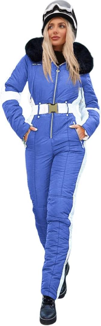 Zwurew Womens Winter Ski Suit Outdoor Sports Waterproof Snowsuit Fur Collar Ski Jumpsuit Coat (Large, 02 Royal Blue)
