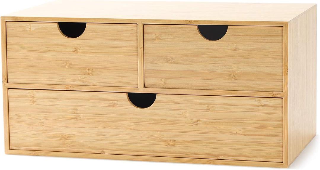 Wisuce Bamboo Desk Drawer Organizer, Desktop Organizer with Drawers Tabletop Storage Organization Box for Office Home Toiletries Supplies Vanity, No Assembly Required (3 Drawers-up Down)