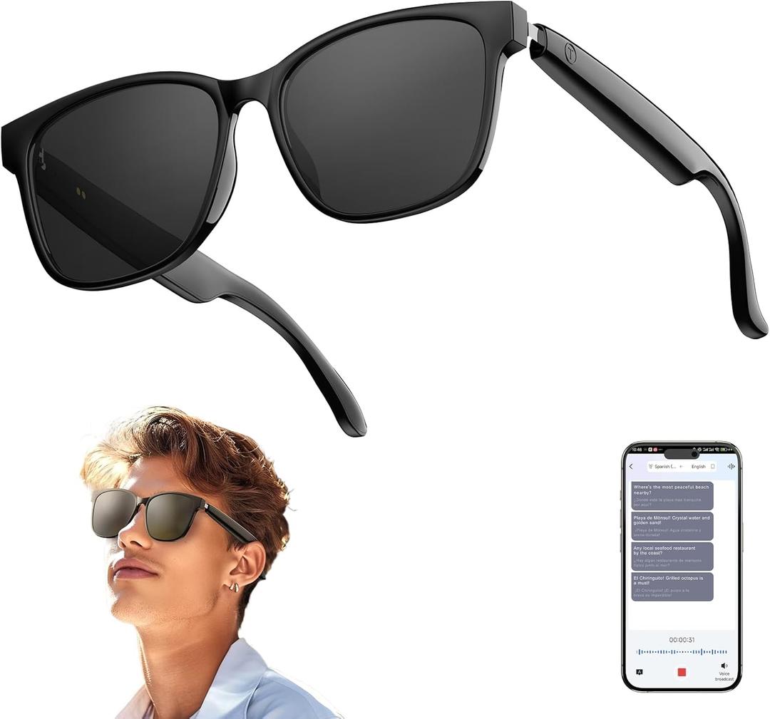 AI Smart Glasses, Bluetooth 5.4 Translation Glasses with 144 Language & Accents, Blue Light Filtering Lenses, Multifunctional Smart Glasses for Men Women, Travel Meeting Trade Business HY-C8 Black