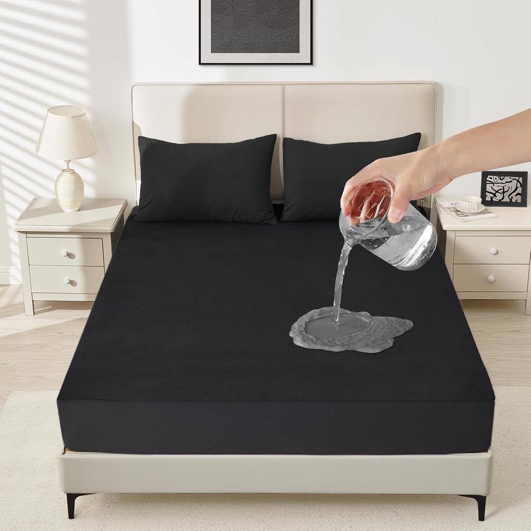 Sufdari Waterproof Mattress Protector Queen Size, Noiseless Mattress Cover with 18" Deep Pocket, Bed Bug Proof and Waterproof Fitted Sheets, Machine Washable Mattress Protectors Black
