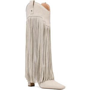 Mattiventon Knee High Boots for Women Fashion Fringe Boots with Square Toe Chunky Heel Pull On Suede Tall Boot for Party Dating (Beige), 8