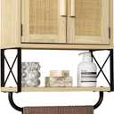 RUSTOWN Farmhouse Rustic Medicine Cabinet with Two Barn Door, Boho Wood Wall Mounted Storage Cabinet with Adjustable Shelf and Towel Bar, 3-Tier Cabinet for Bathroom, Living Room(Rattan)