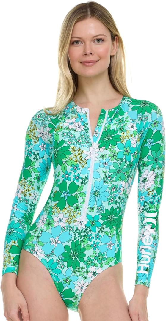Hurley Long Sleeve Womens One Piece Swimsuits, Swimsuit for Women, Bathing Suit for Women, Swim Suit UPF 50+ SPF UV Protected (Large, Green Multi)