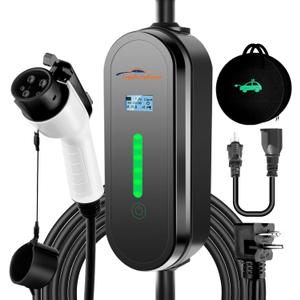 Portable EV Charger Level 1 & 2, 110V-240V Emergency Backup Travel Cable, Adjustable 8-16A Current for Home Safety, NEMA 6-20 Plug with 5-15 Adapter, 17ft, Works with All J1772 EVs