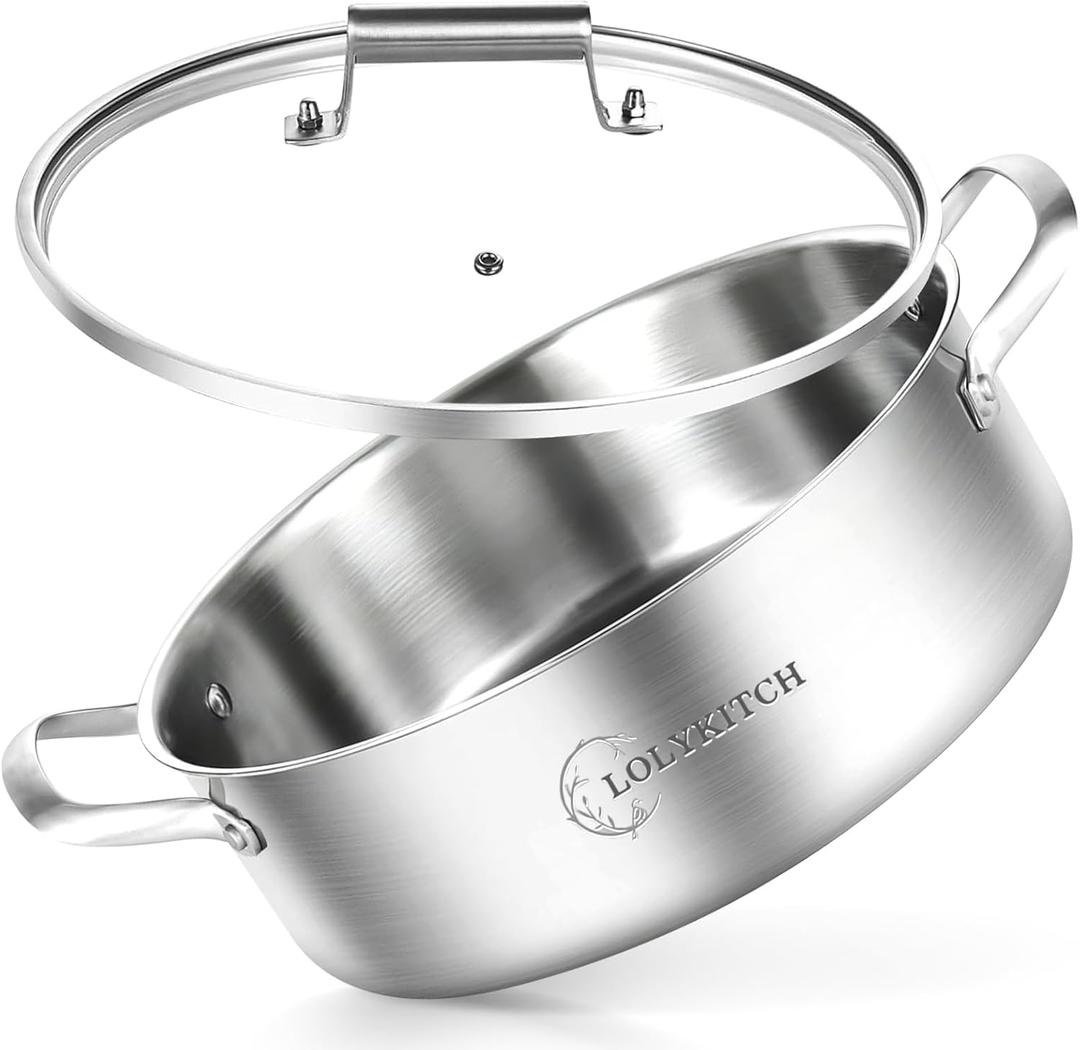 LOLYKITCH 8 Quart Stainless Steel Saut Pan with Lid, Extra Large Deep Skillet, 13 Inch Triply Braiser Pot with Double Handles, Induction Jumbo Cooker for Family Meals, Oven Safe, 6-12 Servings