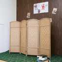 4-Panel Short Room Divider, 3.9 ft Freestanding Partition Wall, Light Brown Rattan Double-Sided Folding Screen for Living Room, Bedroom & Corner Privacy