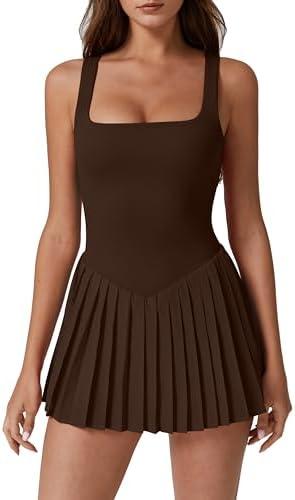 QINSEN Womens Square Neck Tennis Dress Pleated Sleeveless Built in Shorts Golf Athletic Dress with Pockets Size M