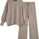 LILLUSORY Women 2 Piece Outfits Sweatsuit Oversized Knit Pullover Sweater Tops Wide Leg Pants Lounge Set (Medium, Light Tan)