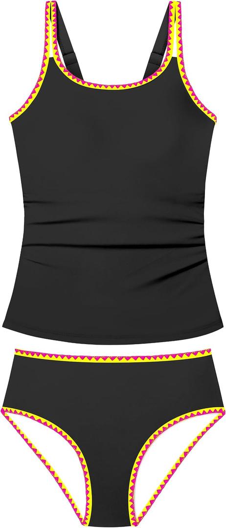Girls Swimsuit Size 14 Girls Tankini Girl Size 14 Swimsuit Teen Swimsuits for Girl 14 Solid Color Bathing Suit for Teens Boho Swimwear Two Piece Swimsuits High Waisted Tankini Set Black