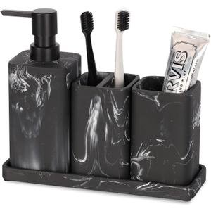 ZCCZ Black Bathroom Accessory Sets, 4 Pieces Bathroom Accessories Complete Set Vanity Countertop Accessory Set Marble Look, Includes Lotion Dispenser Soap Pump, Tumbler, Toothbrush Holder and Tray (Black Marble Look)