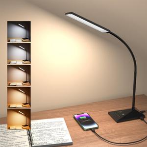 LED Desk Lamp Eye-Caring Table Lamps with USB Charging Port,7 Brightness Levels & 5 Color Modes,Touch Control and Memory Function, Flexible Gooseneck Reading Lamp for Home Office, Black