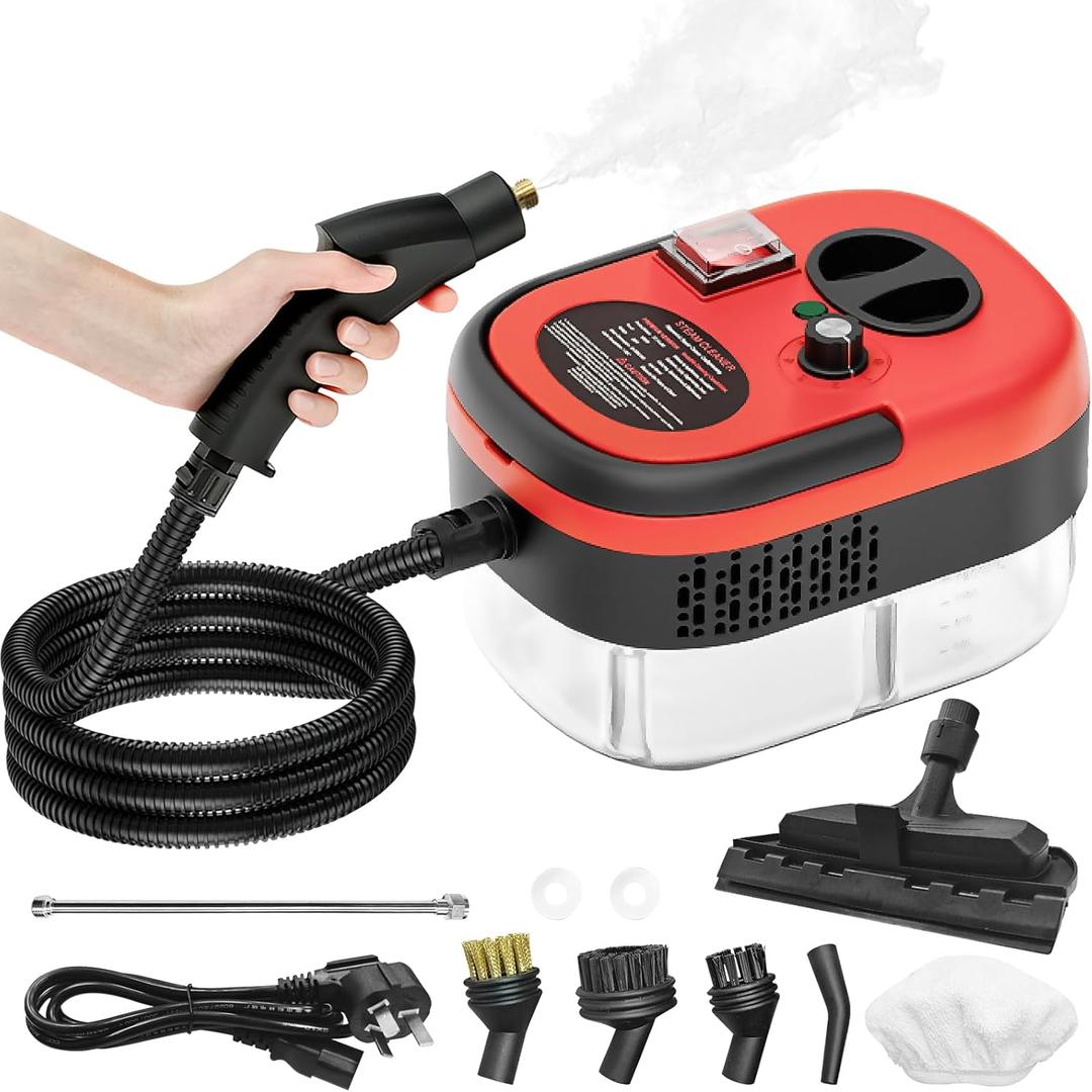 Handheld Steam Cleaner, 2500W Pressurized Steam Cleaner with 3 Brush Heads, Portable Steam Cleaner for Home, Car, Furniture, Kitchen, Bathroom and Wall, Red
