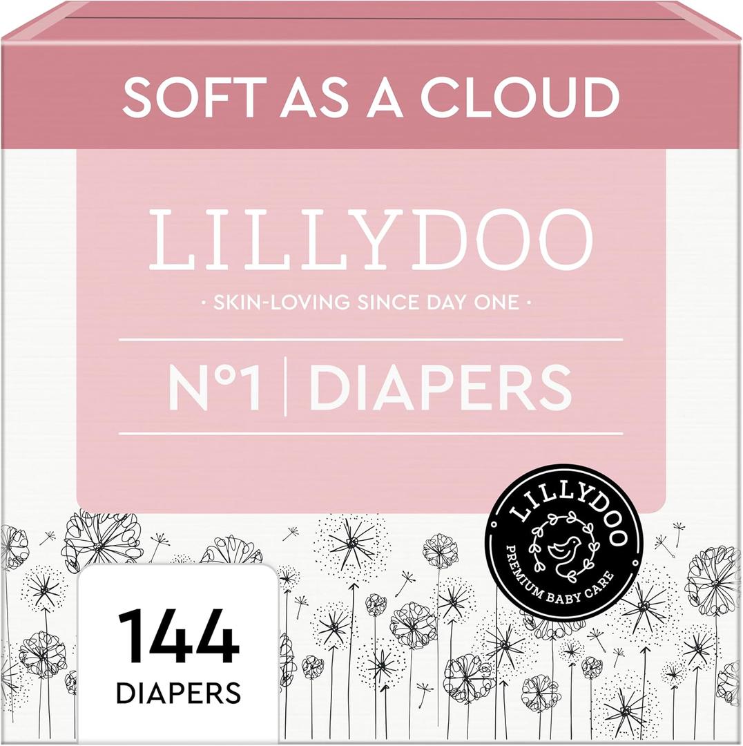 LILLYDOO Baby Diapers - Size 1 (4+ lbs), Monthly Supply (144 Count), Leak Protection, Skin-Friendly, Ultrasoft, Perfume- & Chlorine-Free, Hypoallergenic, Dermatologist Tested, Oeko-TEX