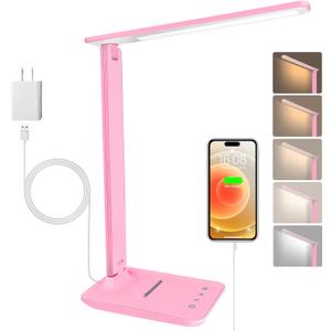 White crown LED Desk Lamp Dimmable Table Lamp Reading Lamp with USB Charging Port, 5 Lighting Modes, Sensitive Control, 30/60 Minutes Timer (Pink, First-Generation)