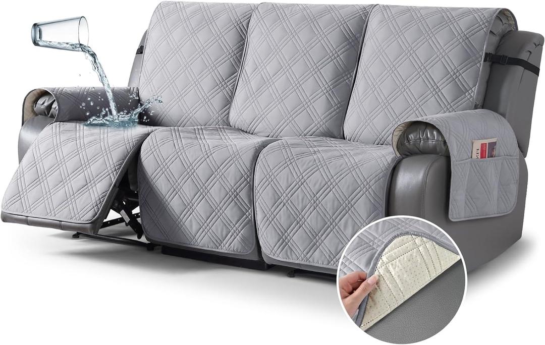 TAOCOCO 100% Waterproof Recliner Couch Cover, Non Slip Split Couch Covers for Reclining Couches with Elastic Straps, Washable Reclining Couch Covers Furniture Protector for Pets(3 Seater, Light Grey)