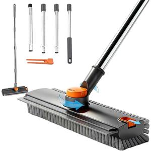 3 in 1 Floor Scrub Brush,Floor Scrubber with Squeegee and Tweezer, Push Broom with Long Handle,Heavy-Duty Stiff 90 Bristle Broom for Patio,Shower, Garage,Deck,Tile, Concrete & Wood Surface